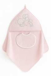Coffret Cape de bain “Friends Animals” avec bavoir Rose – 100x100 cm – Interbaby