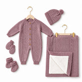 Pack naissance girly tricot avec couverture molletonnée full mauve