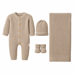Coffret naissance triko 4 pcs épais grenouillère bonnet chaussons et couverture K3220 - Beige
