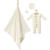 Coffret Triko 4 pcs Grenouillère couverture bonnet chaussons 0-3 Mois – Blanc 🍂