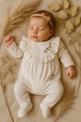 Grenouillère col à froufrou fleurs dessus coton