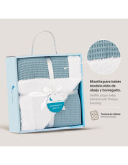 Interbaby - Coffret couverture en nid d'abeille et agneau - Petrol 80x110