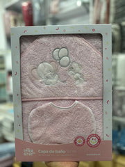 Coffret Cape de bain “Friends Animals” avec bavoir Rose – 100x100 cm – Interbaby