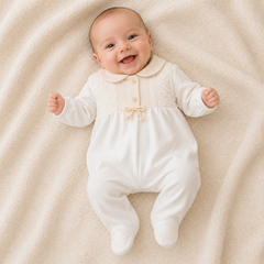 Grenouillère 1 jolie noeud beige white baby girl coton