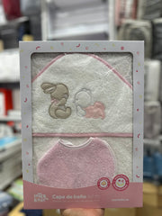 Coffret Cape de bain “Happy Night” 100x100 cm avec bavoir Rose Blanc – Interbaby