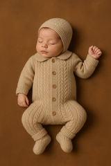 Coffret Triko 4 pcs Grenouillère couverture bonnet chaussons 0-3 Mois – Beige 🍂