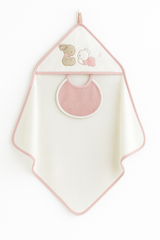 Coffret Cape de bain “Happy Night” 100x100 cm avec bavoir Rose Blanc – Interbaby