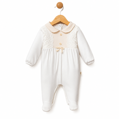 Grenouillère 1 jolie noeud beige white baby girl coton