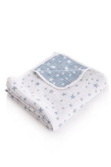 Couverture réversible en mousseline jacquard 4 épaisseurs – Motif étoiles bleu (110 x 110 cm) 0m+