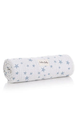 Couverture réversible en mousseline jacquard 4 épaisseurs – Motif étoiles bleu (110 x 110 cm) 0m+