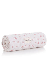 Couverture réversible en mousseline jacquard 4 épaisseurs – Motif étoiles rose (110 x 110 cm) 0m+
