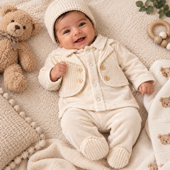 Pack naissance super effet gilet full beige boy 5 pcs velours - Beige