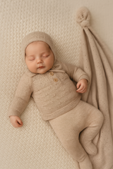 Coffret Naissance Triko 4 Pièces – haut pantalon bonnet couverture - Beige