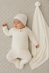 Coffret Naissance Triko 4 Pièces – haut pantalon bonnet couverture - Ekru
