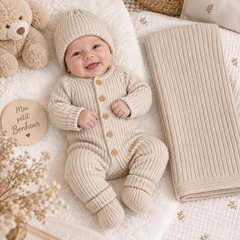 Coffret naissance triko 4 pcs grenouillère bonnet chaussons et couverture K3214 - Beige