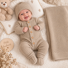 Coffret naissance triko 4 pcs épais grenouillère bonnet chaussons et couverture K3220 - Beige