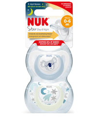 Pack de 2 Sucettes en silicone NUK Starlight Day & Night 0-6 mois - Bleu