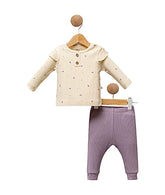 Tenue unie beige micro fleurs avec pantalon mauve coton
