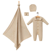 Coffret Triko 4 pcs Grenouillère couverture bonnet chaussons 0-3 Mois – Beige 🍂