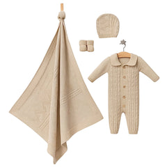 Coffret Triko 4 pcs Grenouillère couverture bonnet chaussons 0-3 Mois – Beige 🍂