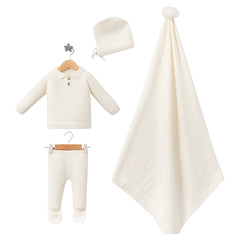 Coffret Naissance Triko 4 Pièces – haut pantalon bonnet couverture - Ekru