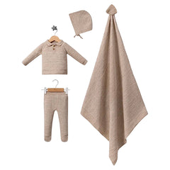 Coffret Naissance Triko 4 Pièces – haut pantalon bonnet couverture - Beige
