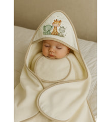 Coffret Cape de bain “Happy Jungle” – 100x100 cm avec bavoir assorti Beige – Interbaby