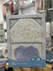 Coffret Cape de bain “Good Night” 100x100 cm avec bavoir Bleu Blanc – Interbaby