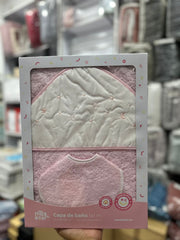 Coffret Cape de bain “Good Night” 100x100 cm avec bavoir Rose Blanc – Interbaby