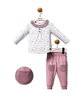 Tenue fleurs multiples col froufrou pantalon mauve