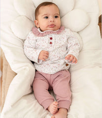 Tenue fleurs multiples col froufrou pantalon mauve