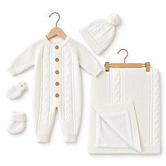 Pack naissance BOY tricot avec couverture molletonnée - Ecru blanc