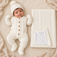 Pack naissance BOY tricot avec couverture molletonnée - Ecru blanc