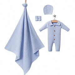 Coffret Triko 4 pcs Grenouillère couverture bonnet chaussons – Bleu 🍂