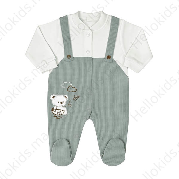 Grenouillère salopette nounours happy coton - Mint blanc