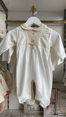 Grenouillère 1 jolie noeud beige white baby girl coton