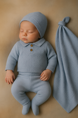 Coffret Naissance Triko 4 Pièces – haut pantalon bonnet couverture - Bleu
