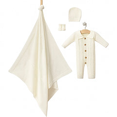 Coffret Triko 4 pcs Grenouillère couverture bonnet chaussons 0-3 Mois – Blanc 🍂