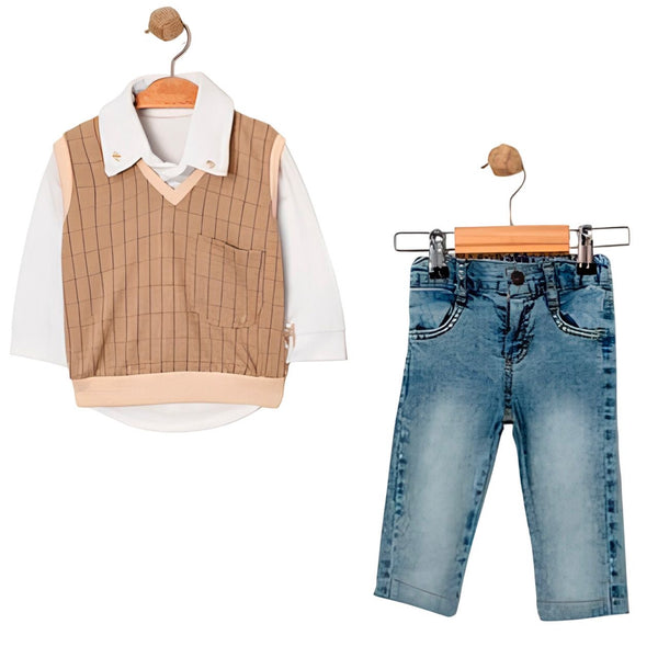 Tenue Gilet poche pull et jean 3 pcs - Beige