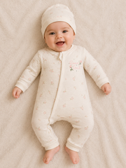 Grenouillère Rose girl 1 bonnet pieds ouverts coton bio