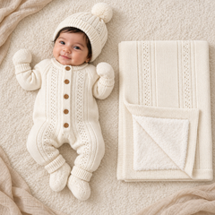 Pack naissance girly tricot avec couverture molletonnée full blanc ecru