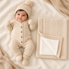 Pack naissance girly tricot avec couverture molletonnée full beige