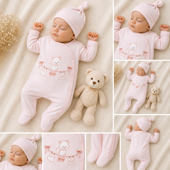 Grenouillère petit chat girly saumon 1 bonnet coton