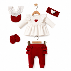 Rouge03-Pack naissance jolie cœurs white red style 5 pcs coton