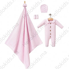 Coffret Triko 4 pcs Grenouillère couverture bonnet chaussons - Rose