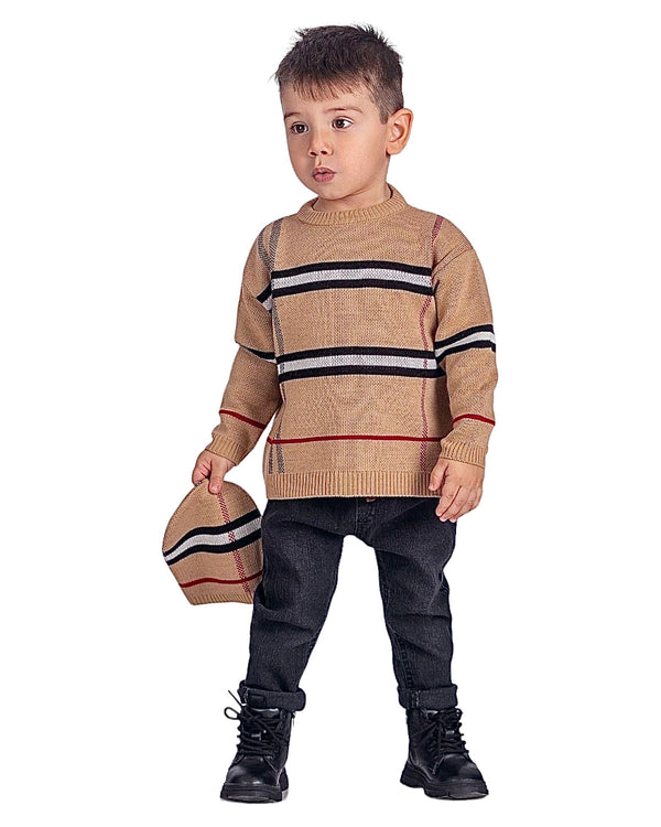 Tenue rayée going out pull avec bonnet et jean 3 pcs - Beige