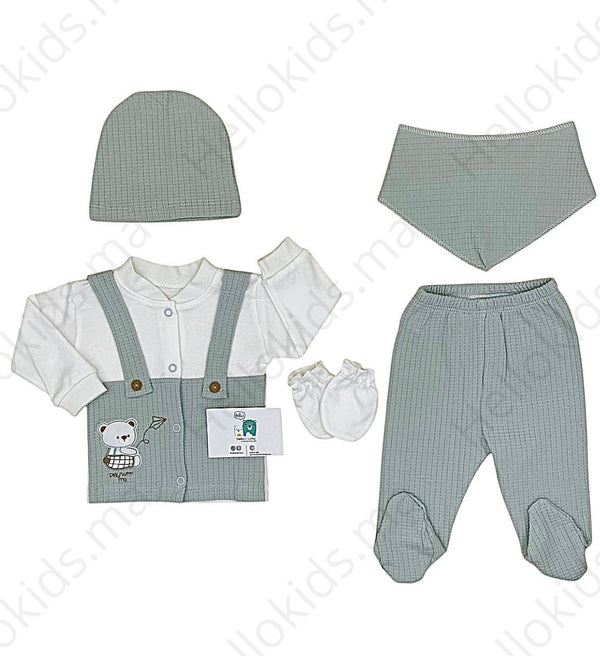 Pack naissance pull salopette nounours 5 pcs coton - Mint blanc