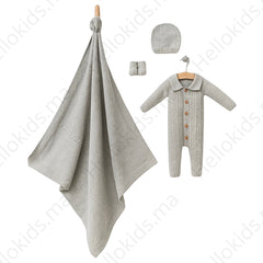 Coffret Triko 4 pcs Grenouillère couverture bonnet chaussons - Gris