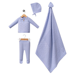 Coffret Naissance Triko 4 Pièces – haut pantalon bonnet couverture - Bleu
