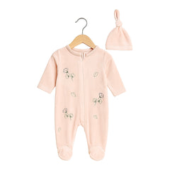 Grenouillère Fleurs jolies velours 1 bonnet